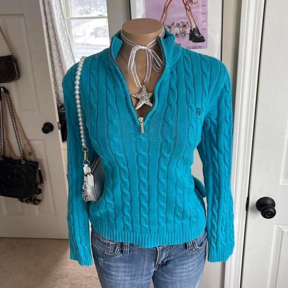 Y2K 2000s Turquoise chaps Cable Knit Quarter Zip sweater